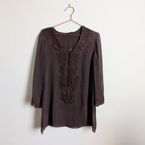 BCBGMaxAzria Dark Brown Crochet-Trim V-Neck Tunic 100% Silk Body Cotton Trim